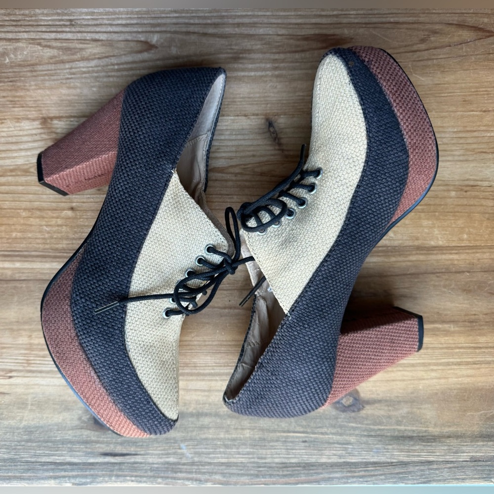 Chunky Lace-Up Platform Heels in Black, Cream & Brown
